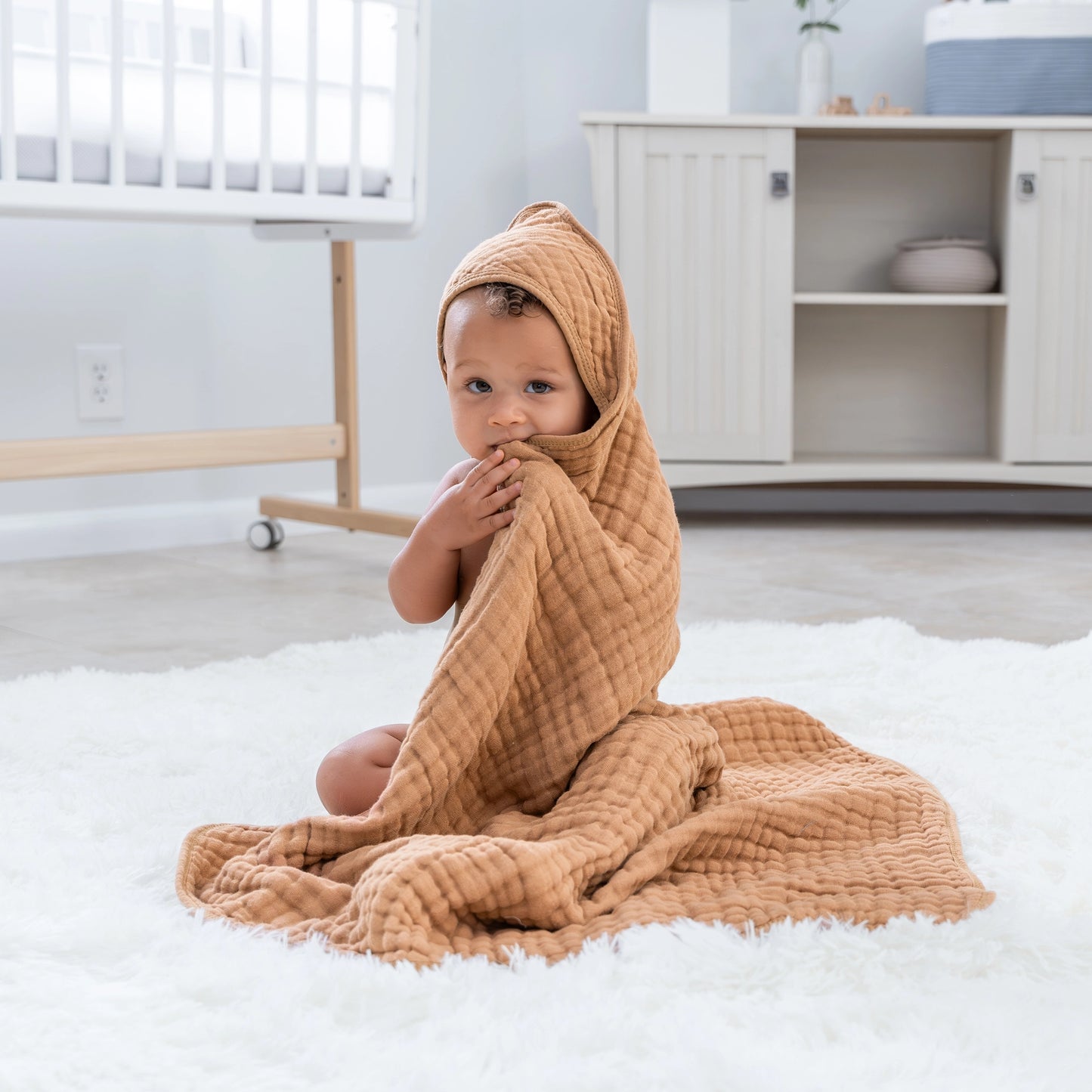 Baby Hooded 9 Layer Muslin Cotton Towel For Kids - Caramel