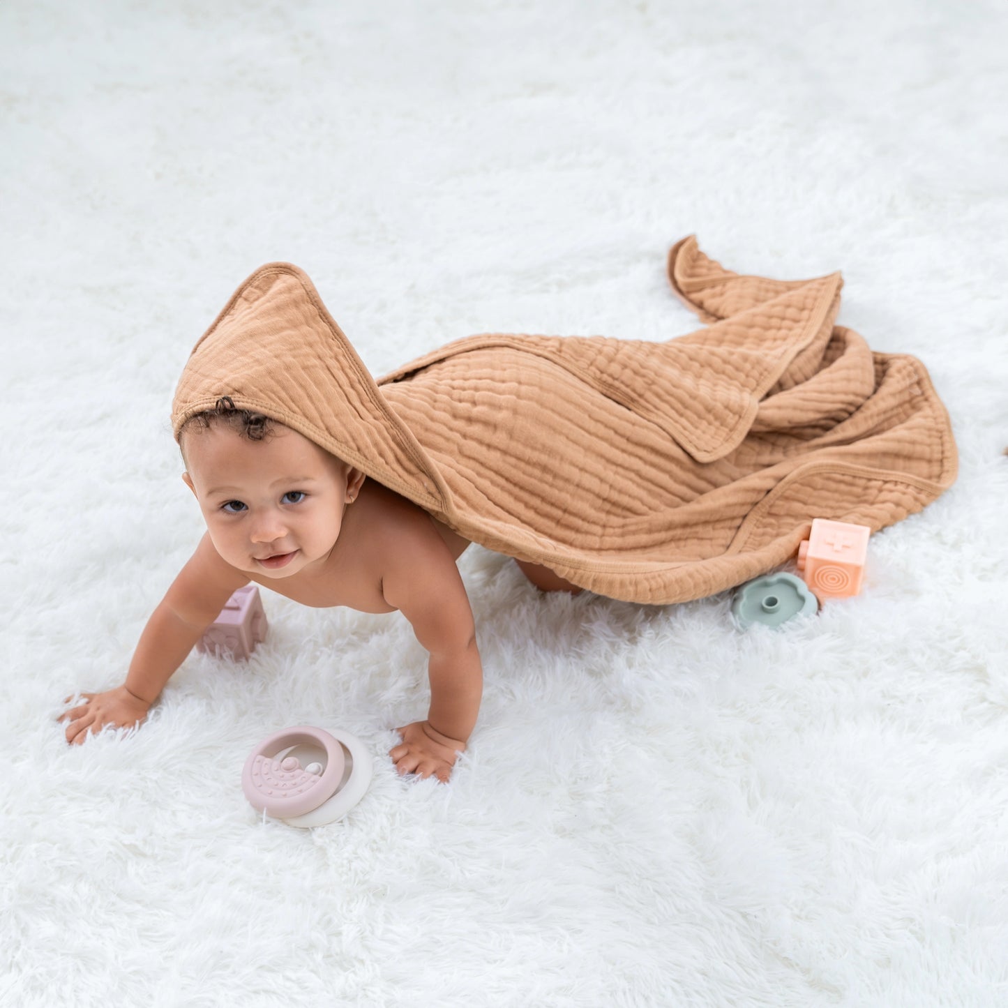 Baby Hooded 9 Layer Muslin Cotton Towel For Kids - Caramel