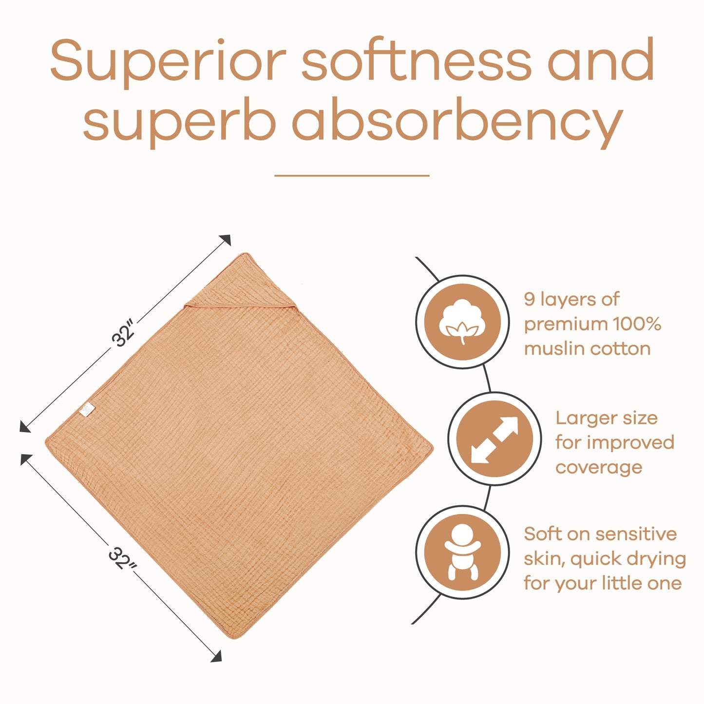 Baby Hooded 9 Layer Muslin Cotton Towel For Kids - Caramel