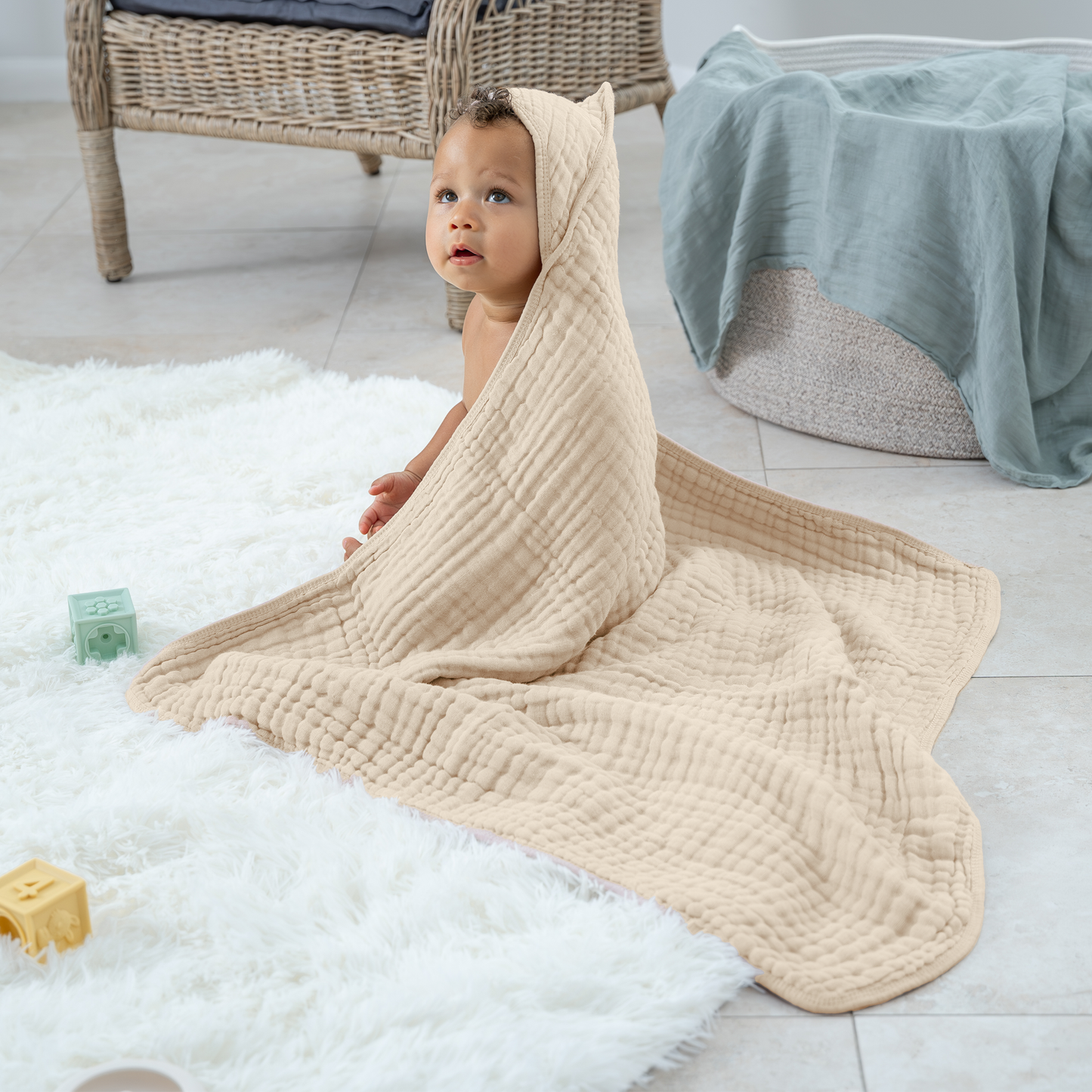 Baby Hooded 9 Layer Muslin Cotton Towel for Kids- Sand