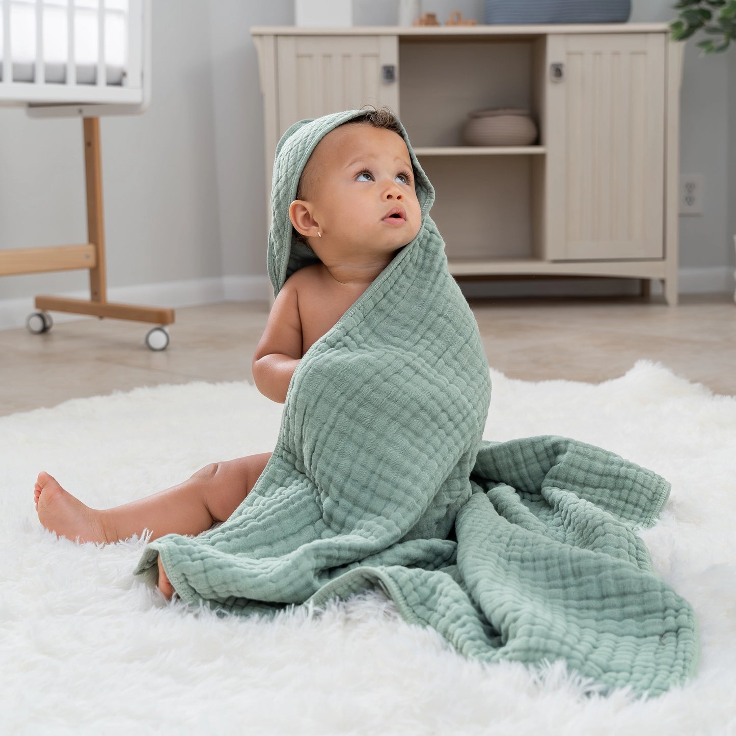 Baby Hooded Muslin Cotton Towel - Fern