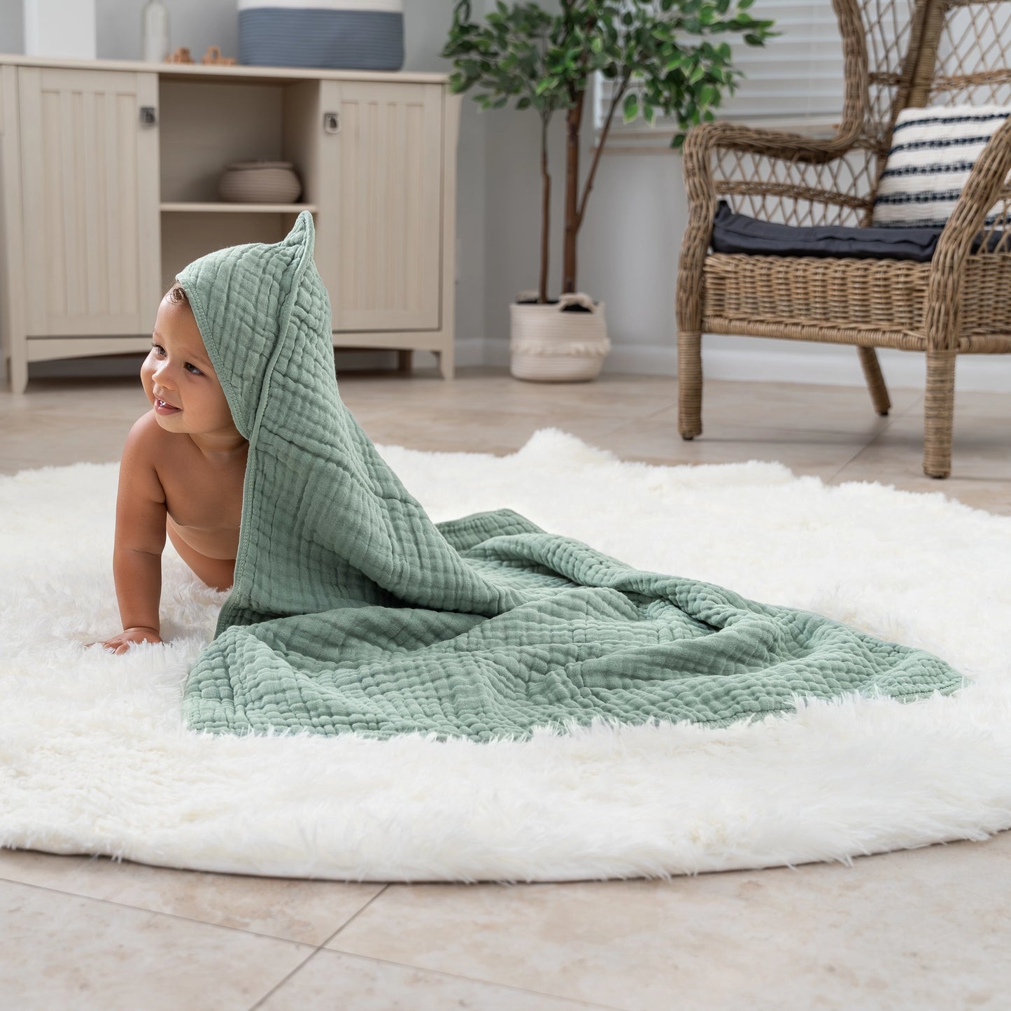 Baby Hooded Muslin Cotton Towel - Fern