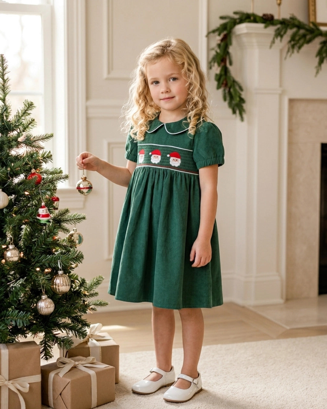 Green Corduroy Santa Smocked Dress