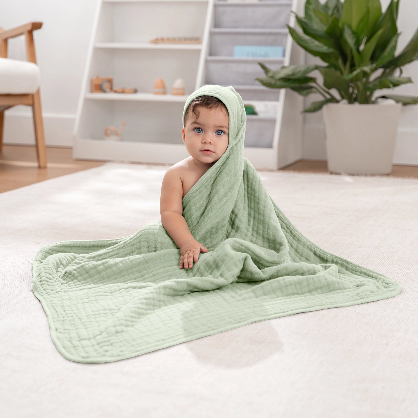 Baby Hooded Muslin Cotton Towel - Sage