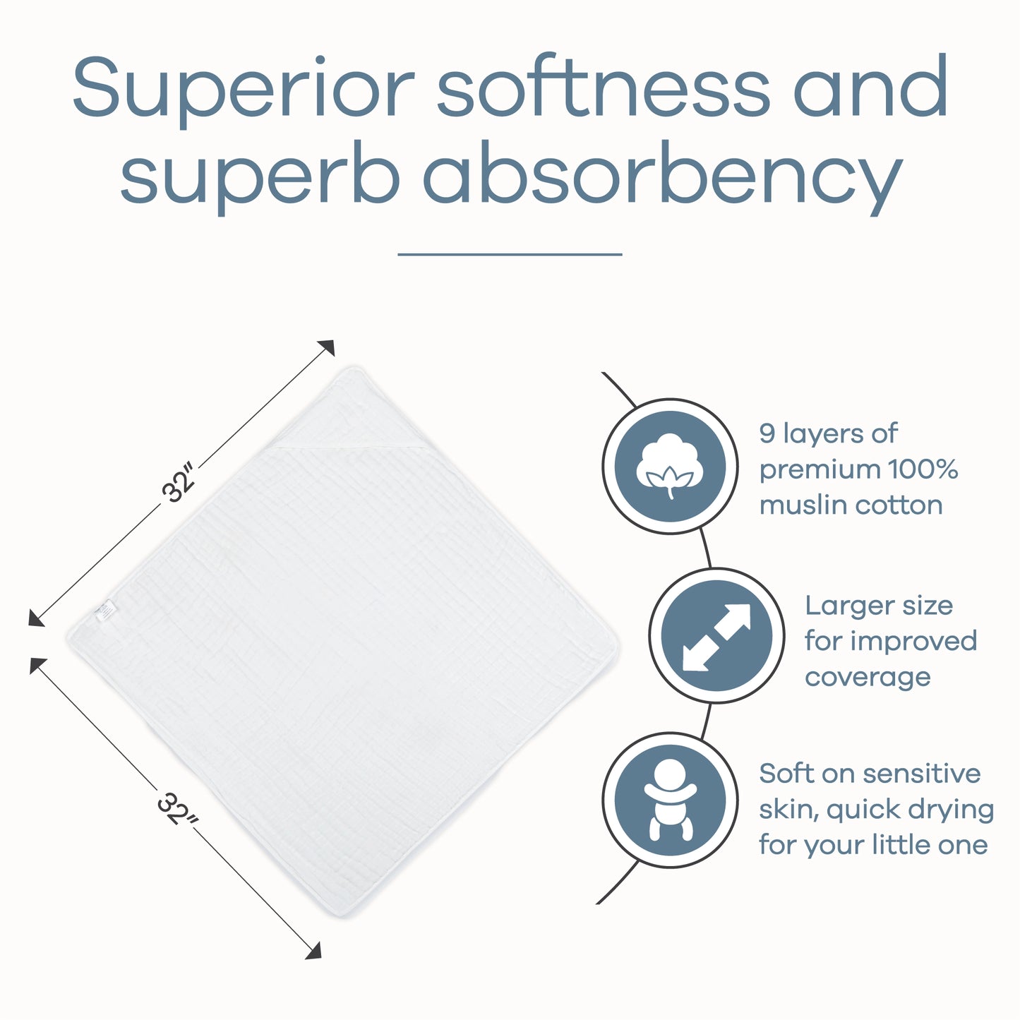 Baby Hooded 9 Layer Muslin Cotton Towel For Kids - White