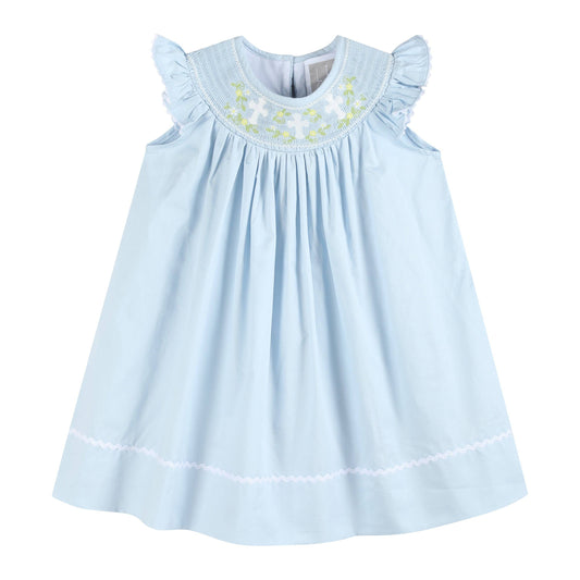 Blue Floral Cross Smocked Dress