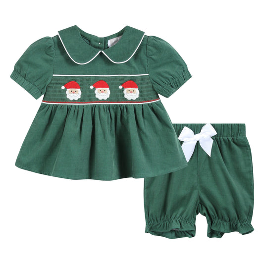 Green Santa Smocked Dress and Bloomers