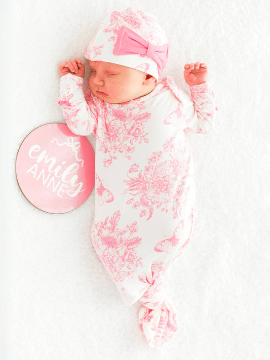 Baby Girls Pink Toile Gown & Hat Set