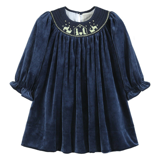 Navy Blue Velvet Gold Nativity Dress