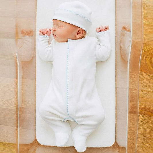 White Footie with Blue Trim