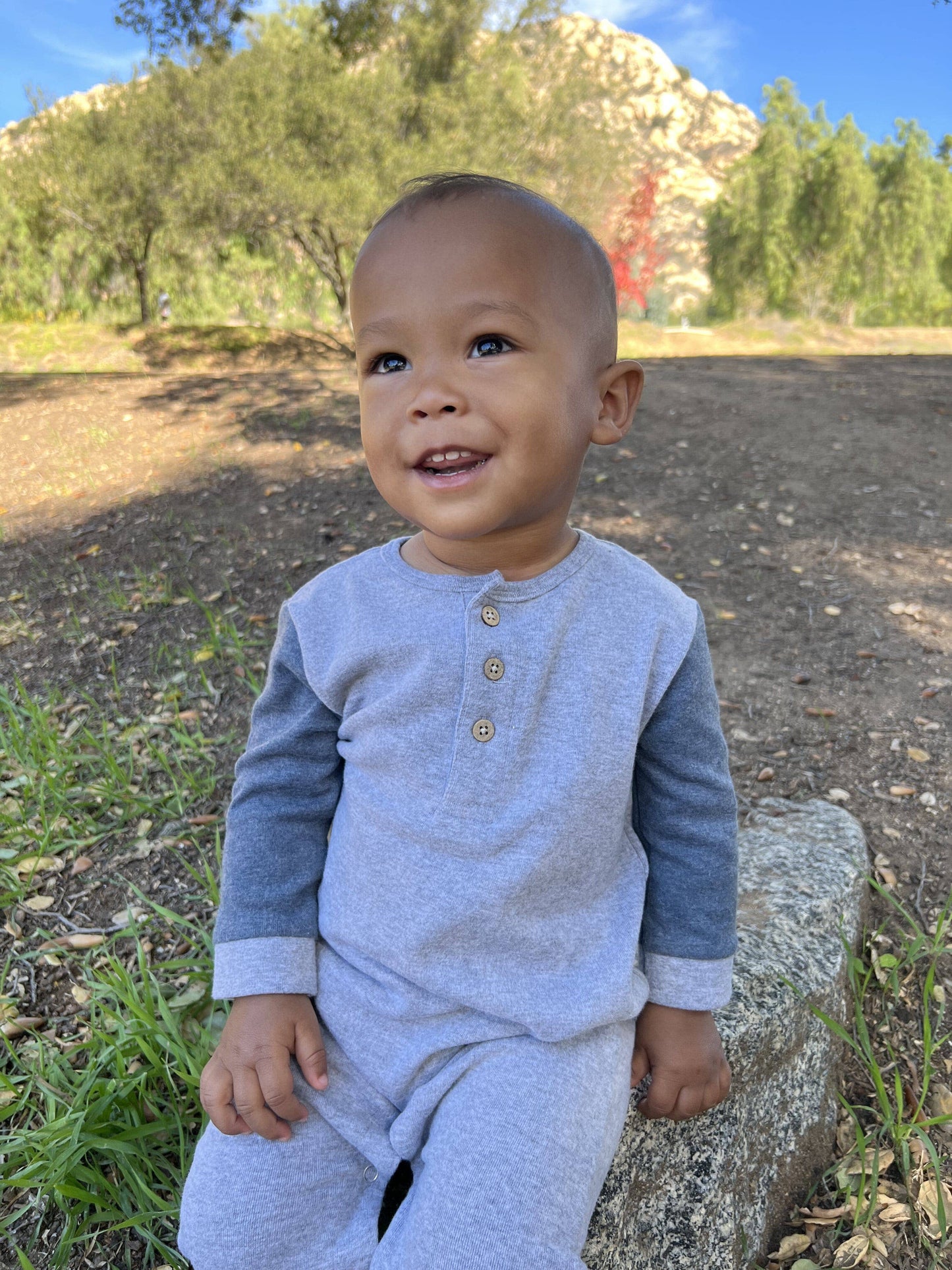 Grey w/ Blue Arms Estill Raglan Romper
