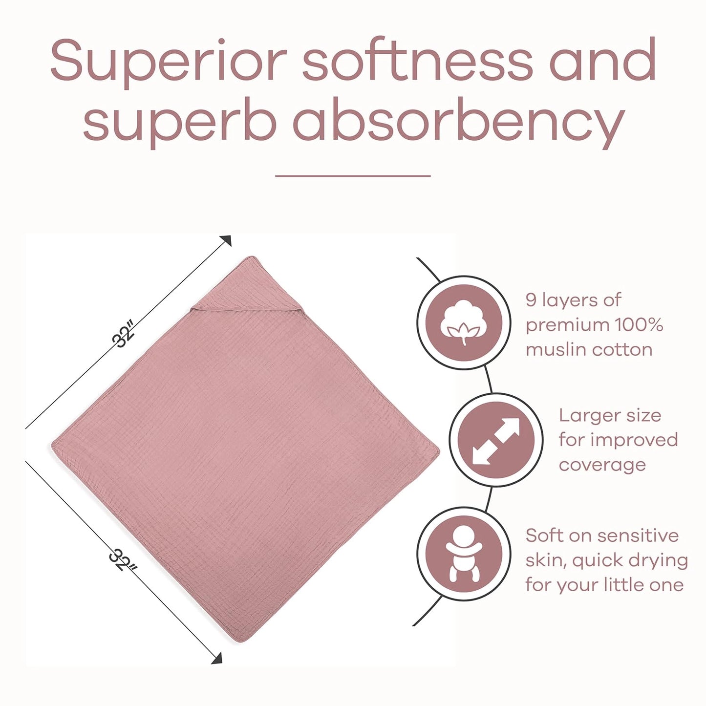 Baby Hooded Muslin Cotton Towel - Mauve