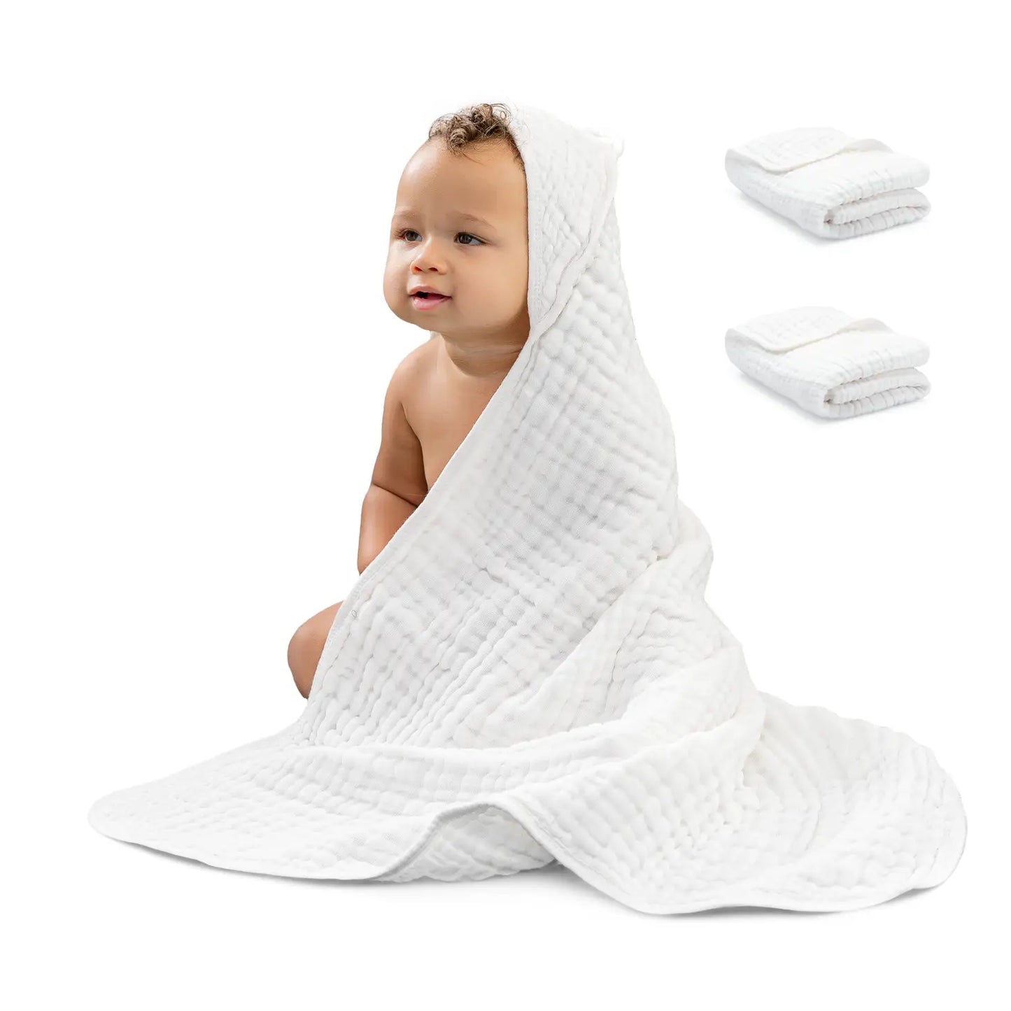 Baby Hooded 9 Layer Muslin Cotton Towel For Kids - White