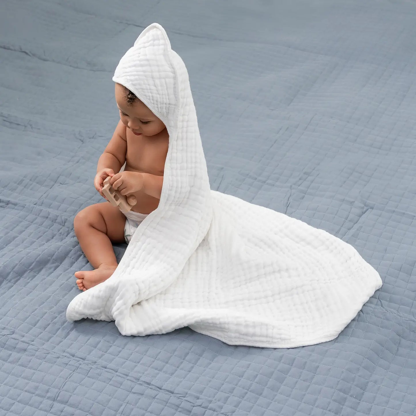 Baby Hooded 9 Layer Muslin Cotton Towel For Kids - White